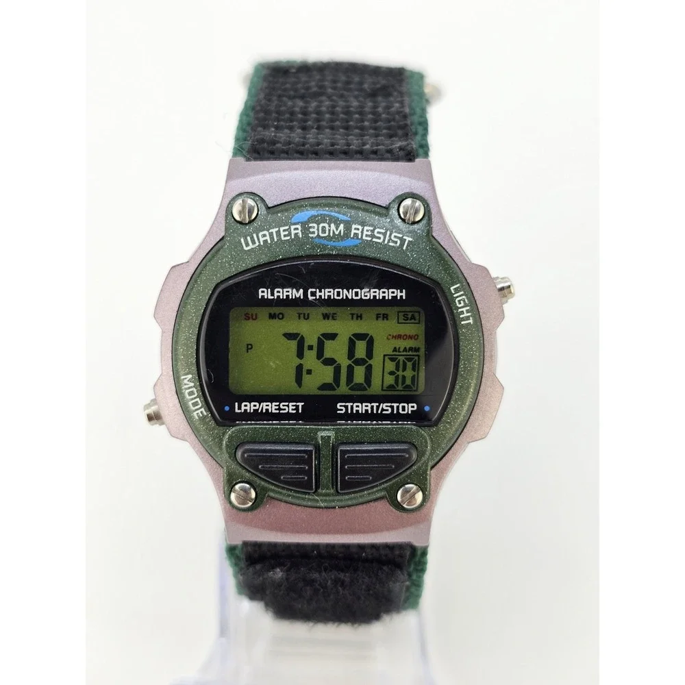 Men's Sports Digital Watch 40MM Green Black Nylon Band Light Chrono New Battery